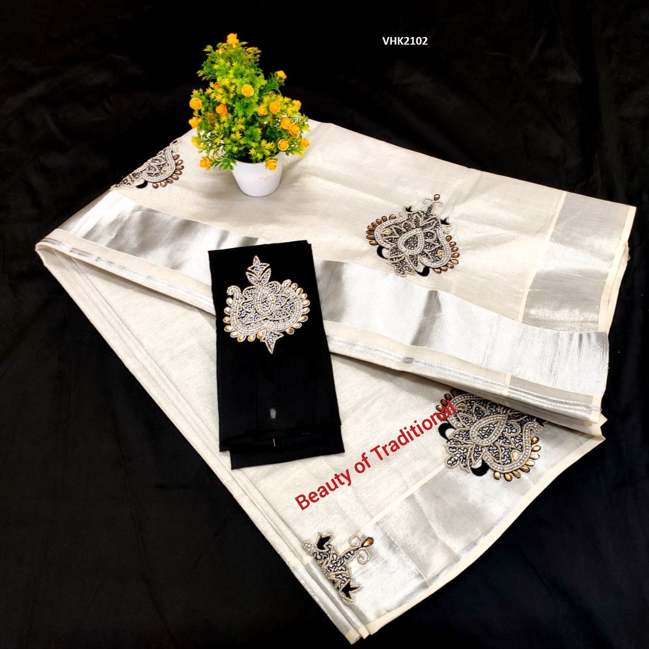 Kerala Traditional Silver Tissue Stone Work Saree with Stitched Blouse/Non Stitched Material, Handmade Designs, Onam,Vishu,Festival Wear