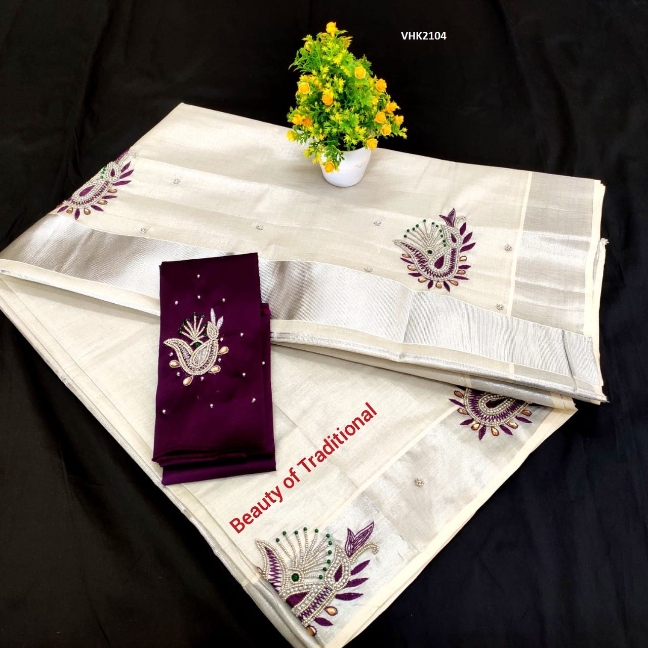 Kerala Traditional Silver Tissue Stone Work Saree with Stitched Blouse/Non Stitched Material, Handmade Designs, Onam,Vishu,Festival Wear