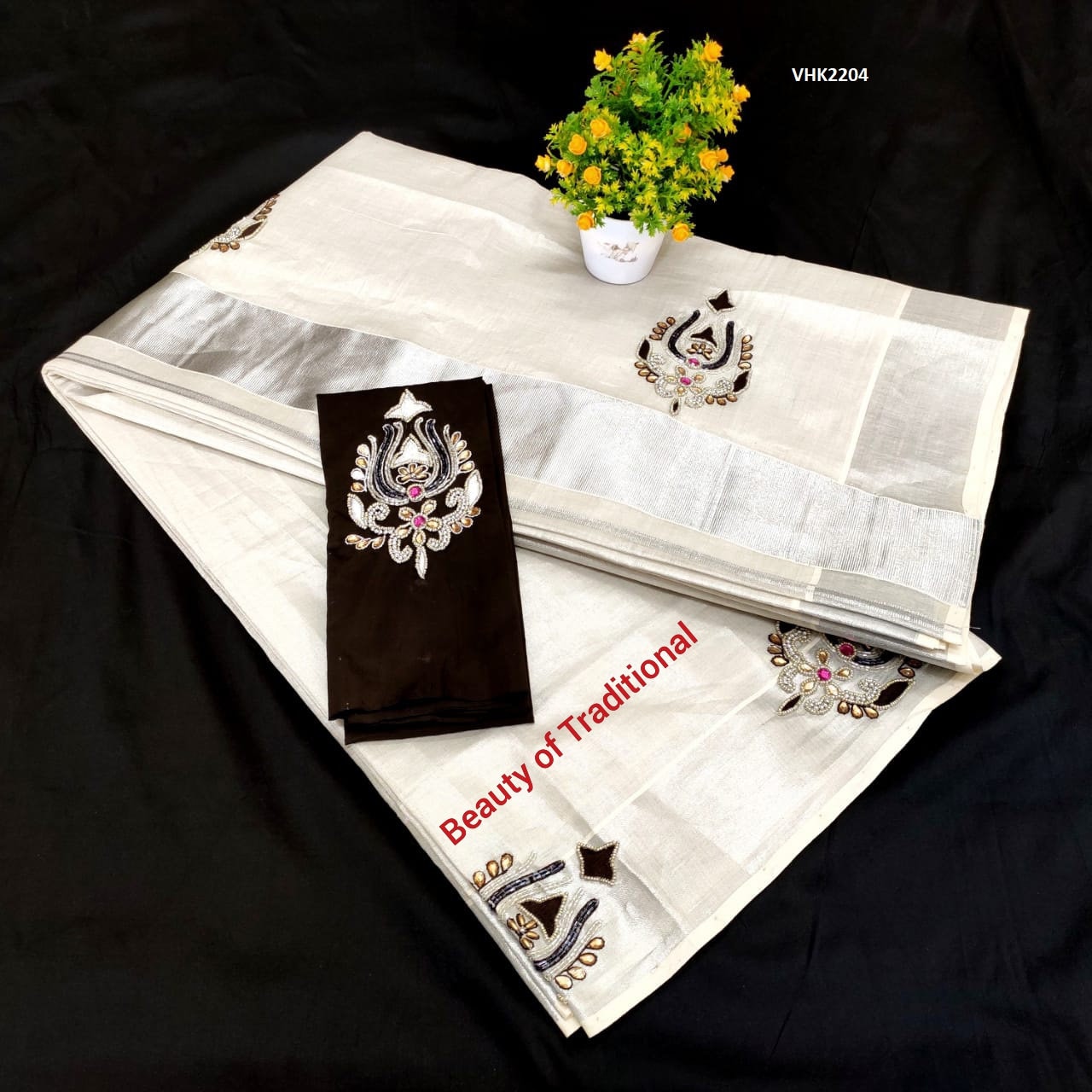 Kerala Traditional Silver Tissue Stone Work Saree Stitched Blouse/Non Stitched Material, Handmade embroidery, Onam,Vishu, Festival Wear