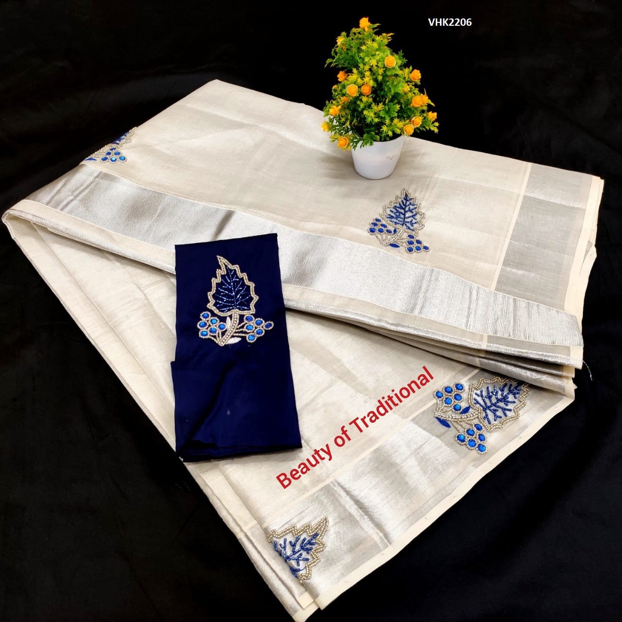 Kerala Traditional Silver Tissue Stone Work Saree Stitched Blouse/Non Stitched Material, Handmade embroidery, Onam,Vishu, Festival Wear