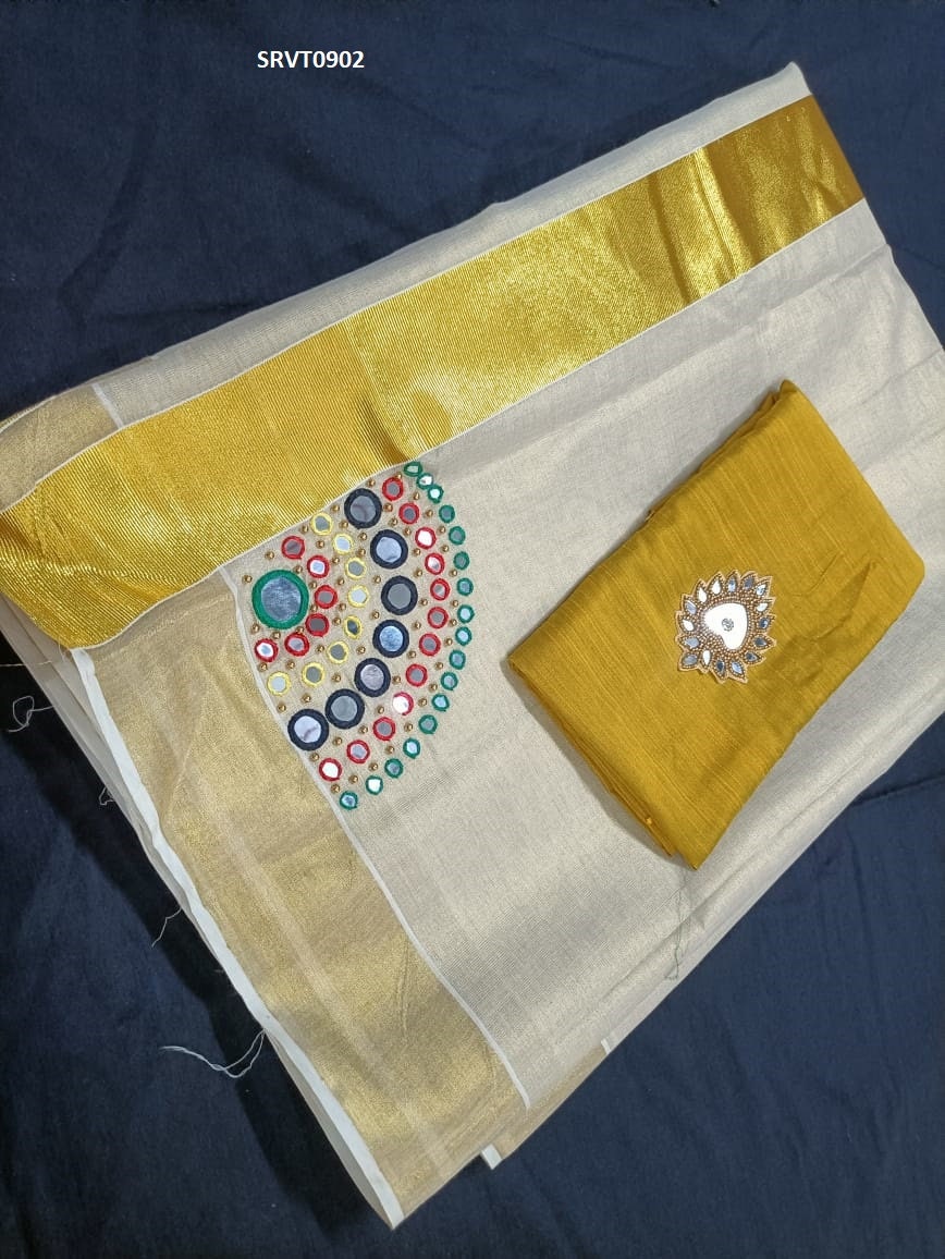 Kerala Golden tissue Mirror handwork saree, Indian traditional, Handmade designs, Traditional, Onam,Vishu Special Saree, Birthday, Festival