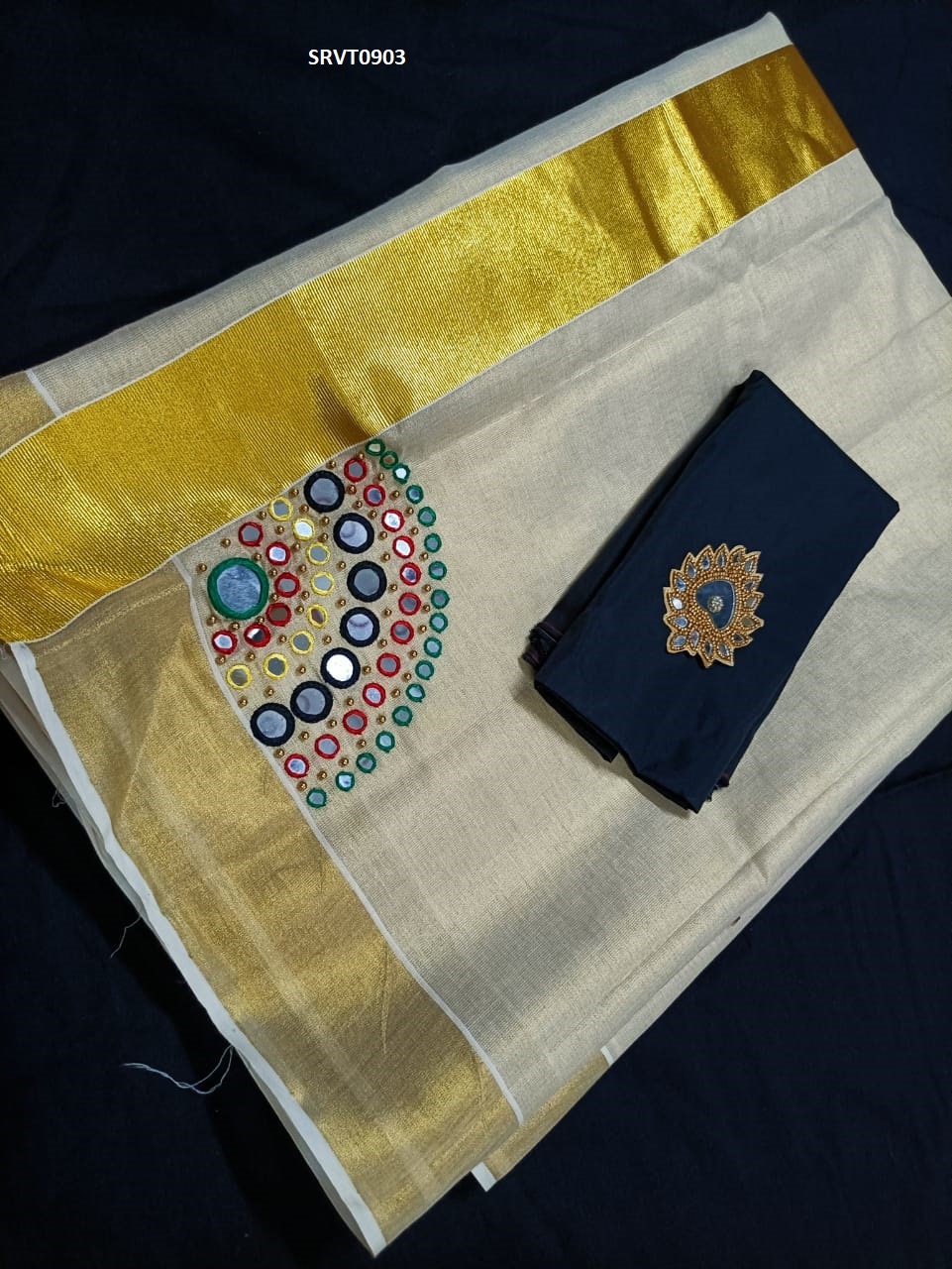 Kerala Golden tissue Mirror handwork saree, Indian traditional, Handmade designs, Traditional, Onam,Vishu Special Saree, Birthday, Festival