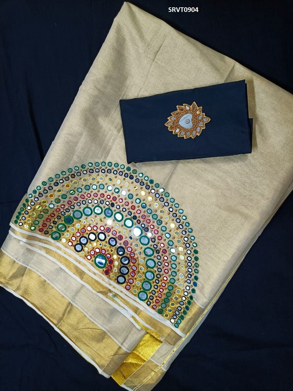 Kerala Golden tissue Mirror handwork saree, Indian traditional, Handmade designs, Traditional, Onam,Vishu Special Saree, Birthday, Festival