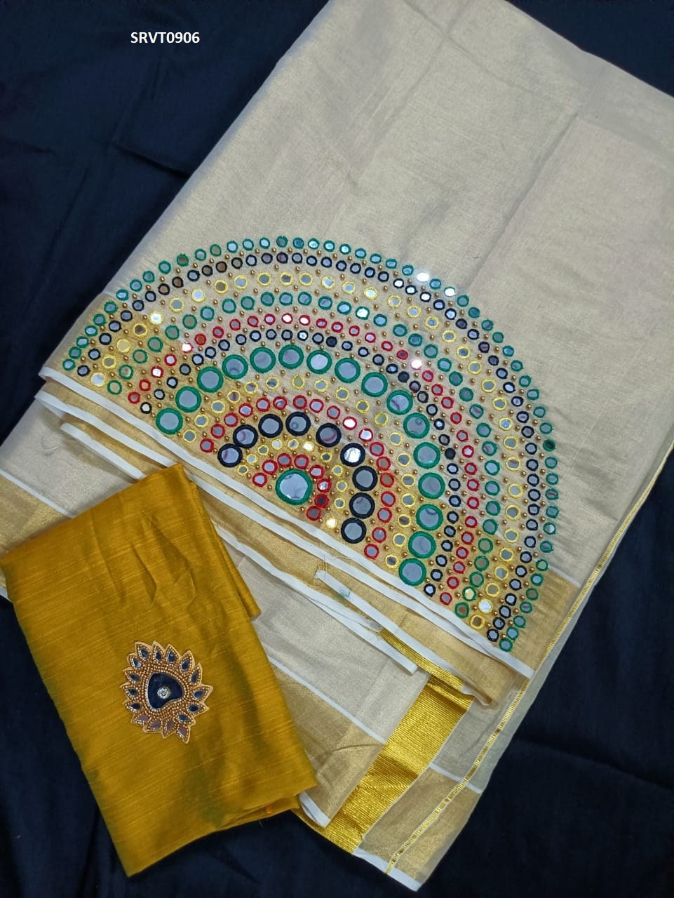 Kerala Golden tissue Mirror handwork saree, Indian traditional, Handmade designs, Traditional, Onam,Vishu Special Saree, Birthday, Festival