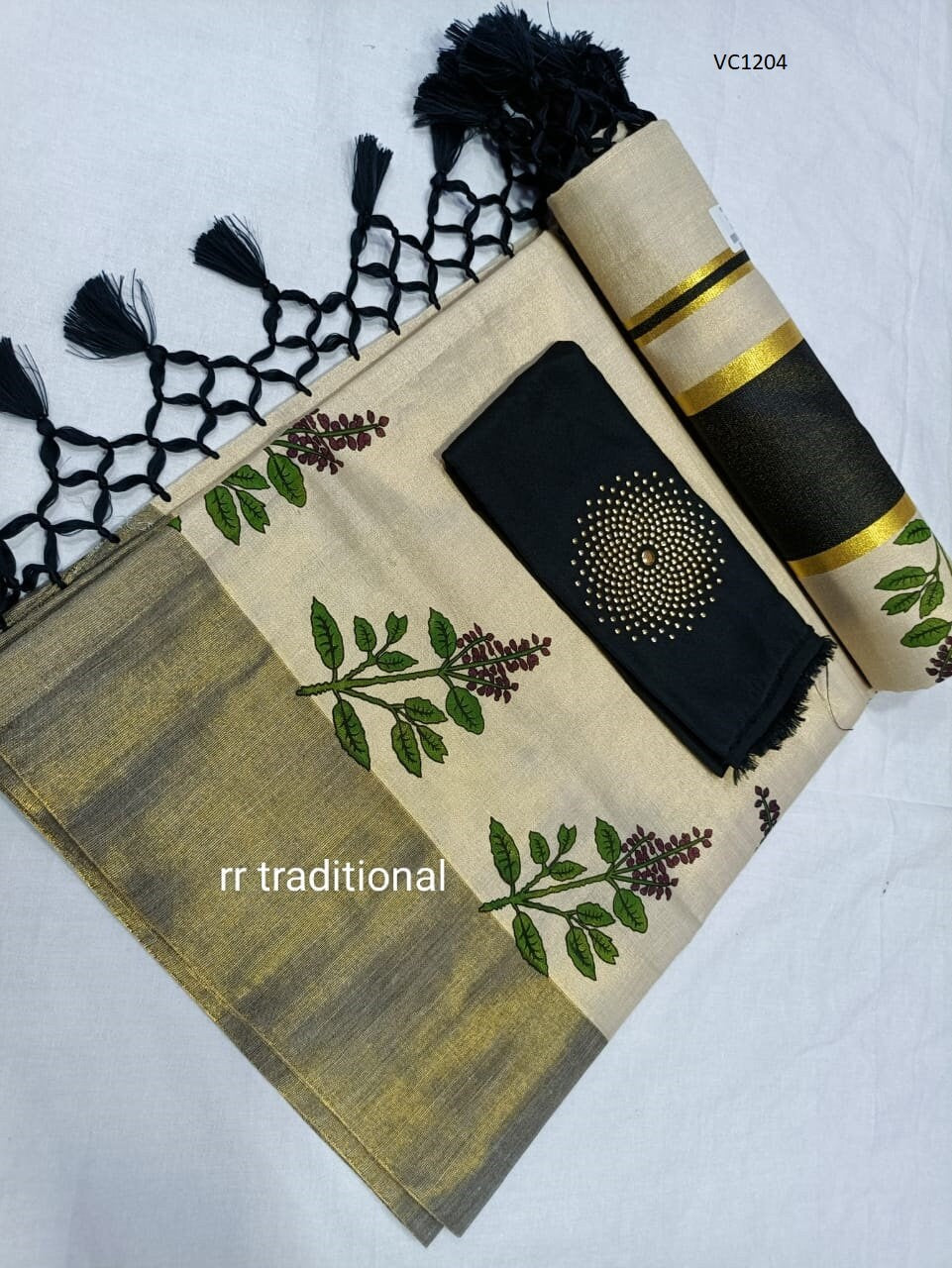 Kerala Tissue Kunjalam Tulasi Printed Set Saree, Stitched Blouse, Indian, Handmade, Kerala Saree Traditional, Onam,Vishu Set Saree, Festival