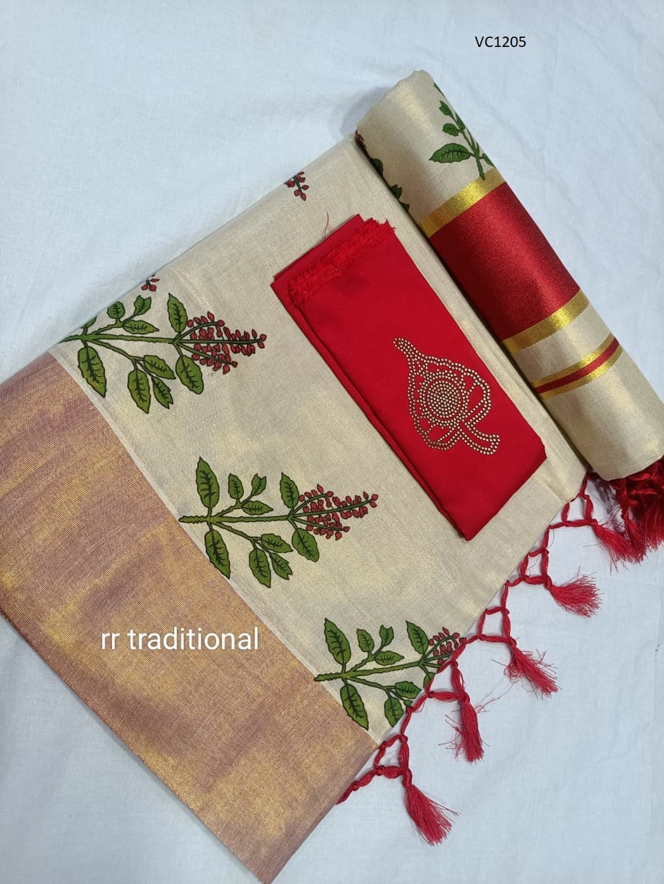 Kerala Tissue Kunjalam Tulasi Printed Set Saree, Stitched Blouse, Indian, Handmade, Kerala Saree Traditional, Onam,Vishu Set Saree, Festival