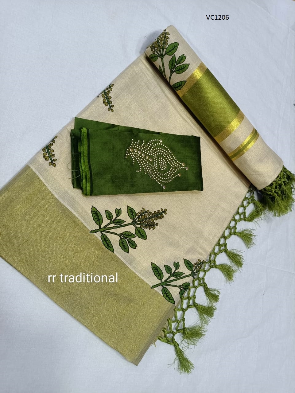 Kerala Tissue Kunjalam Tulasi Printed Set Saree, Stitched Blouse, Indian, Handmade, Kerala Saree Traditional, Onam,Vishu Set Saree, Festival