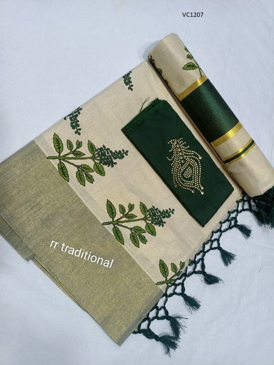 Kerala Tissue Kunjalam Tulasi Printed Set Saree, Stitched Blouse, Indian, Handmade, Kerala Saree Traditional, Onam,Vishu Set Saree, Festival