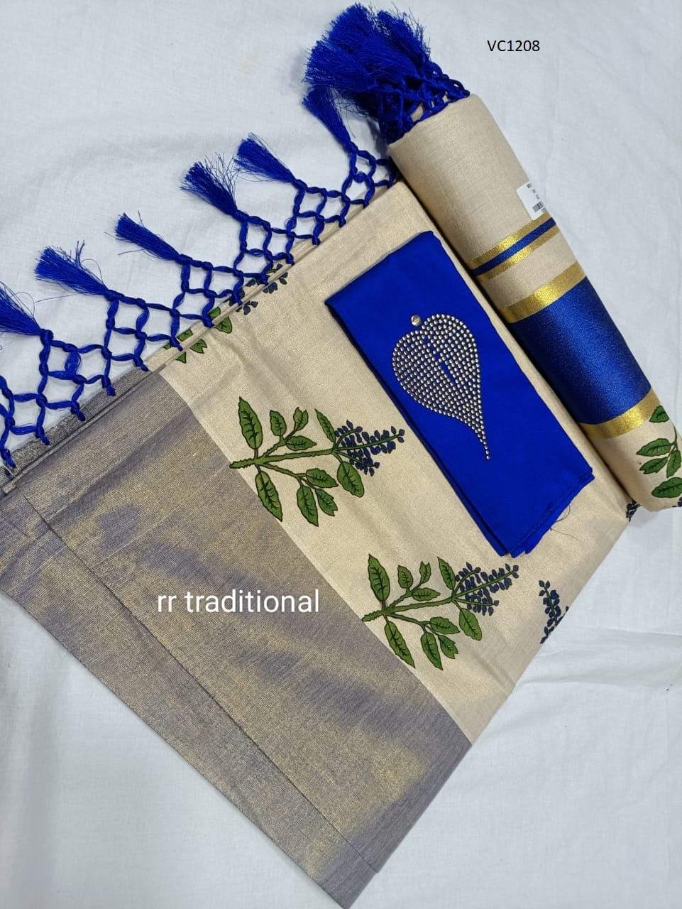 Kerala Tissue Kunjalam Tulasi Printed Set Saree, Stitched Blouse, Indian, Handmade, Kerala Saree Traditional, Onam,Vishu Set Saree, Festival