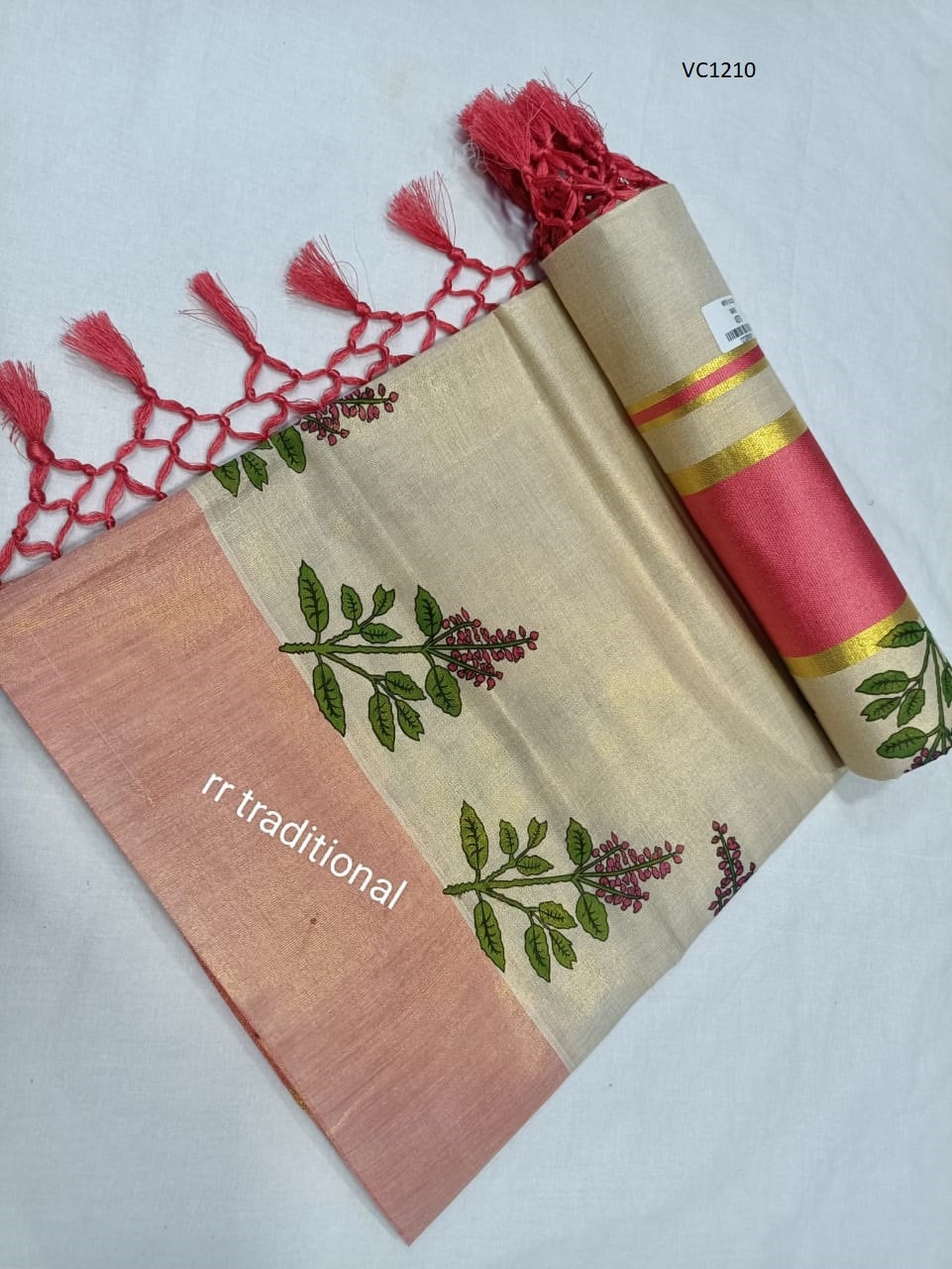 Kerala Tissue Kunjalam Tulasi Printed Set Saree, Stitched Blouse, Indian, Handmade, Kerala Saree Traditional, Onam,Vishu Set Saree, Festival