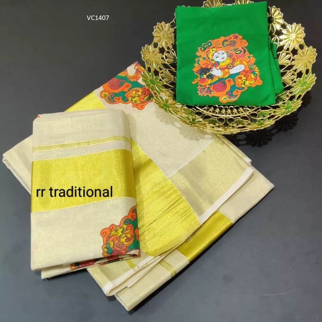 Golden Tissue Mural Print Set Mundu with Blouse Material  / Kerala Set Mundu Traditional/ Handmade designs/Onam, Vishu,Birthday,Festival