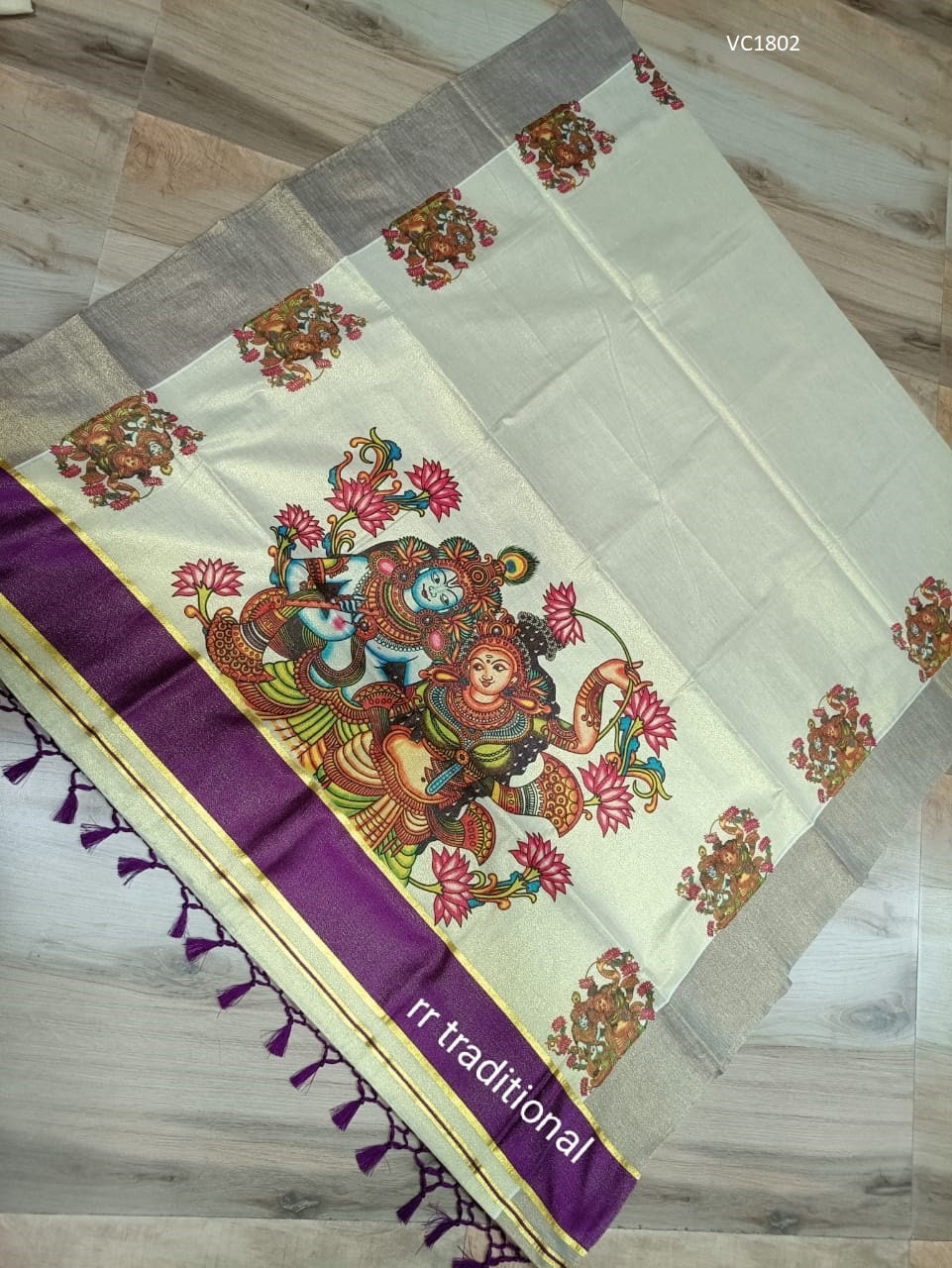 Kerala traditional big mural printed Tissue  Saree with stiched Blouse or non stiched blouse Material, Beautiful Kerala designs