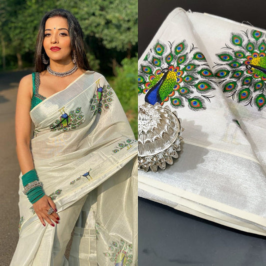 Kerala traditional Silver Tissue  Peacock Saree, Beautiful Kerala designs, Onam Saree, Kerala Saree, Festival, Birthday, Marriage occasions