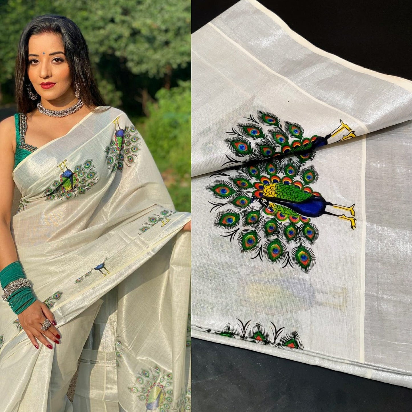 Kerala traditional Silver Tissue  Peacock Saree, Beautiful Kerala designs, Onam Saree, Kerala Saree, Festival, Birthday, Marriage occasions