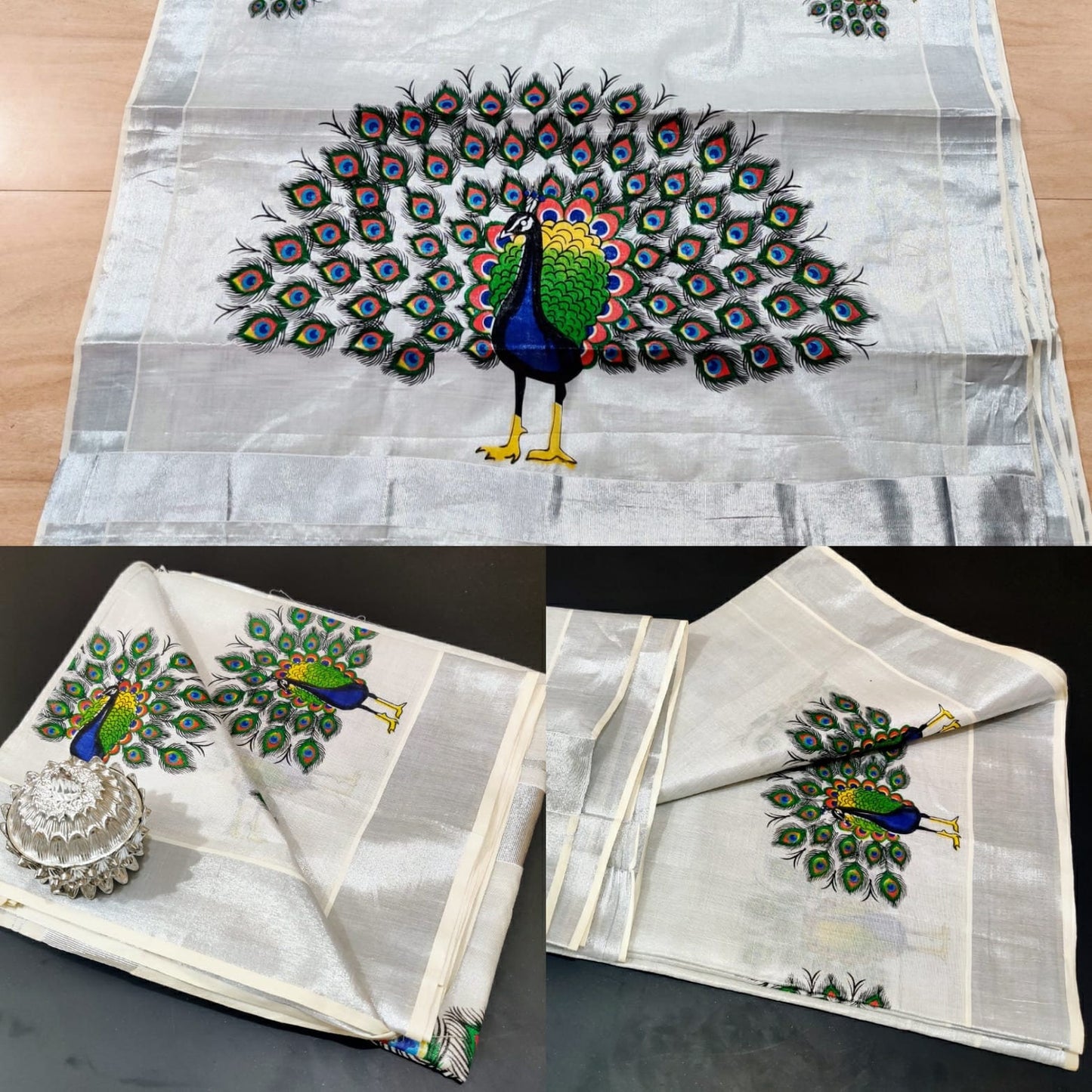 Kerala traditional Silver Tissue  Peacock Saree, Beautiful Kerala designs, Onam Saree, Kerala Saree, Festival, Birthday, Marriage occasions