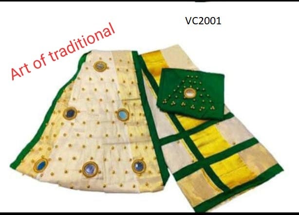 Pre pleated Golden Tissue Set Mundu with Blouse Material  / Kerala traditional/ Handmade designs/Onam,Vishu,Christmas,Birthday,Festival