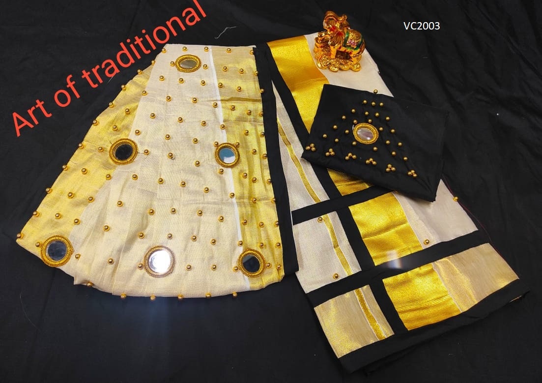 Pre pleated Golden Tissue Set Mundu with Blouse Material  / Kerala traditional/ Handmade designs/Onam,Vishu,Christmas,Birthday,Festival