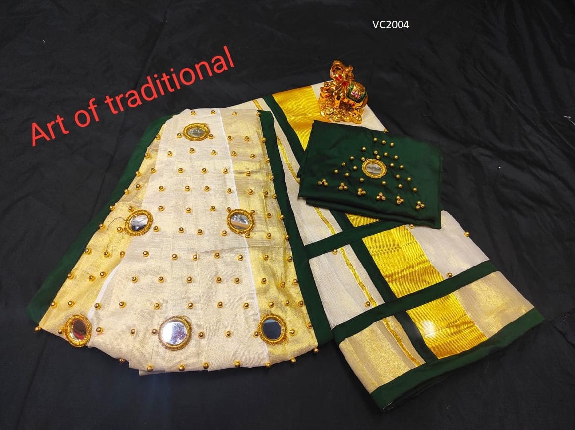 Pre pleated Golden Tissue Set Mundu with Blouse Material  / Kerala traditional/ Handmade designs/Onam,Vishu,Christmas,Birthday,Festival