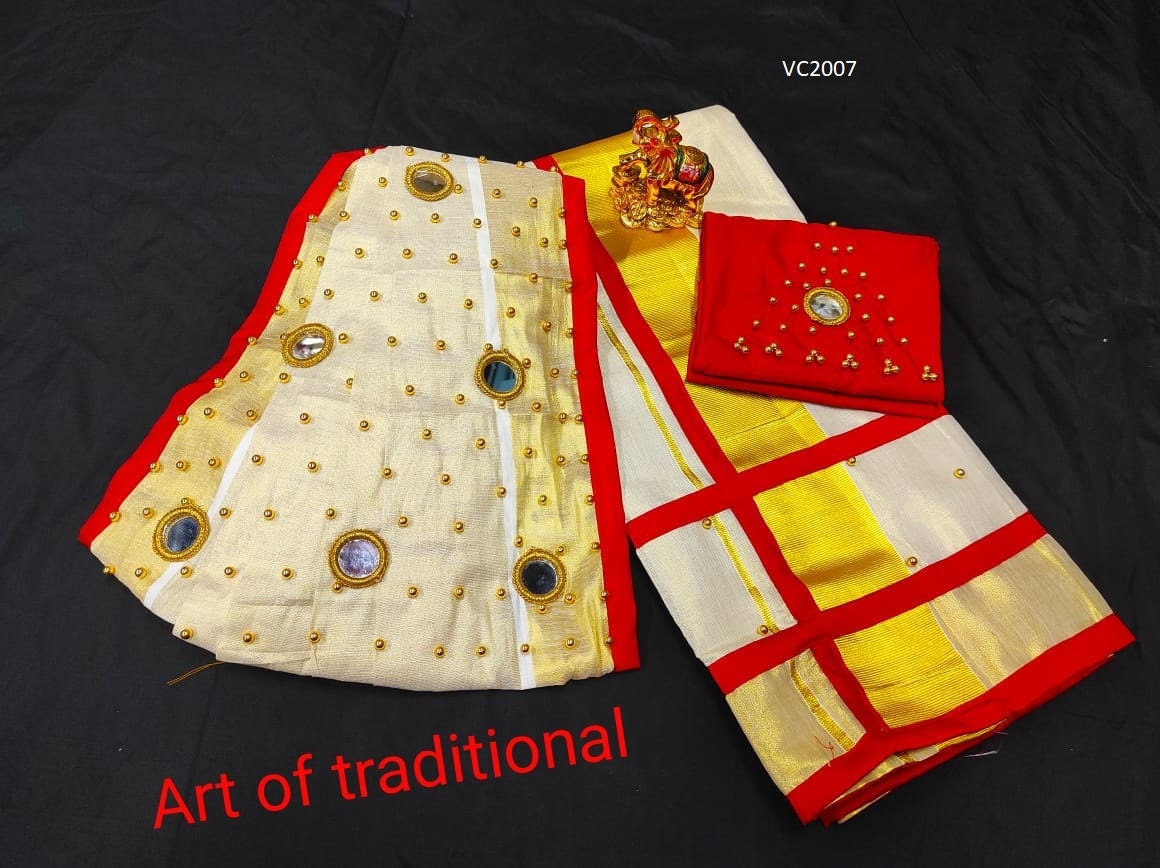 Pre pleated Golden Tissue Set Mundu with Blouse Material  / Kerala traditional/ Handmade designs/Onam,Vishu,Christmas,Birthday,Festival