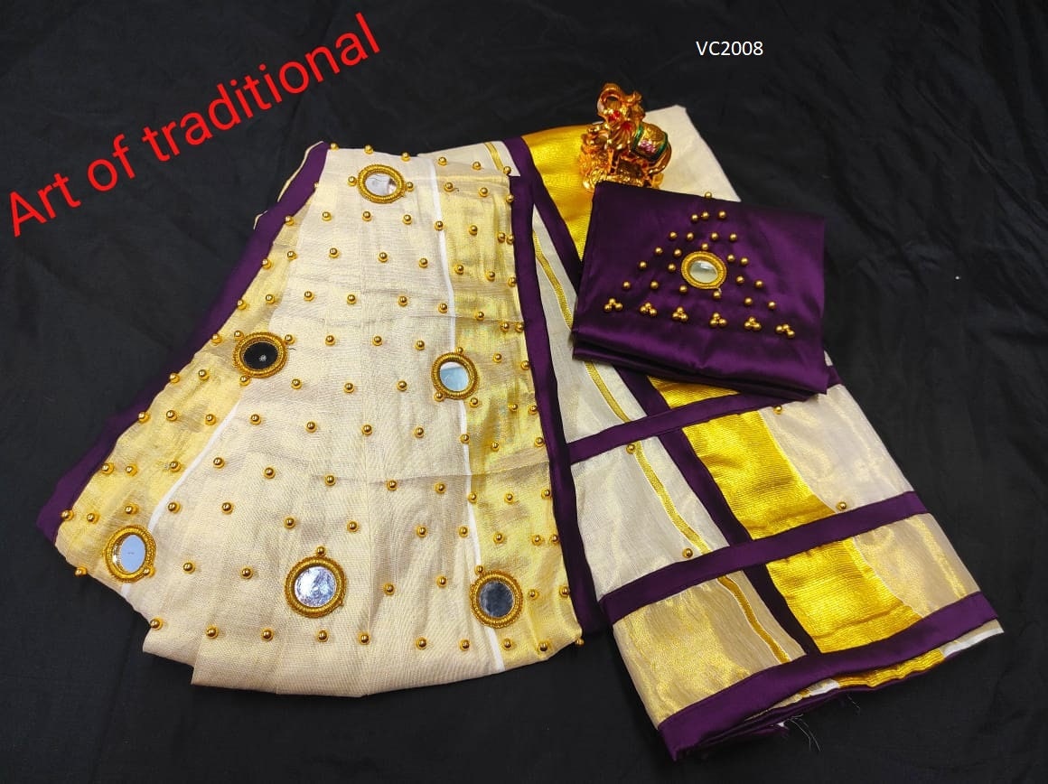 Pre pleated Golden Tissue Set Mundu with Blouse Material  / Kerala traditional/ Handmade designs/Onam,Vishu,Christmas,Birthday,Festival