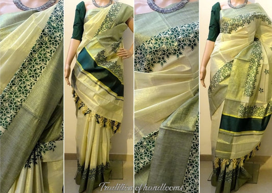 Kerala Traditional  Tissue Kunjalam  Set  Saree with Stitched Blouse / Handmade designs /Indian traditional /Onam, Birthday, Festival