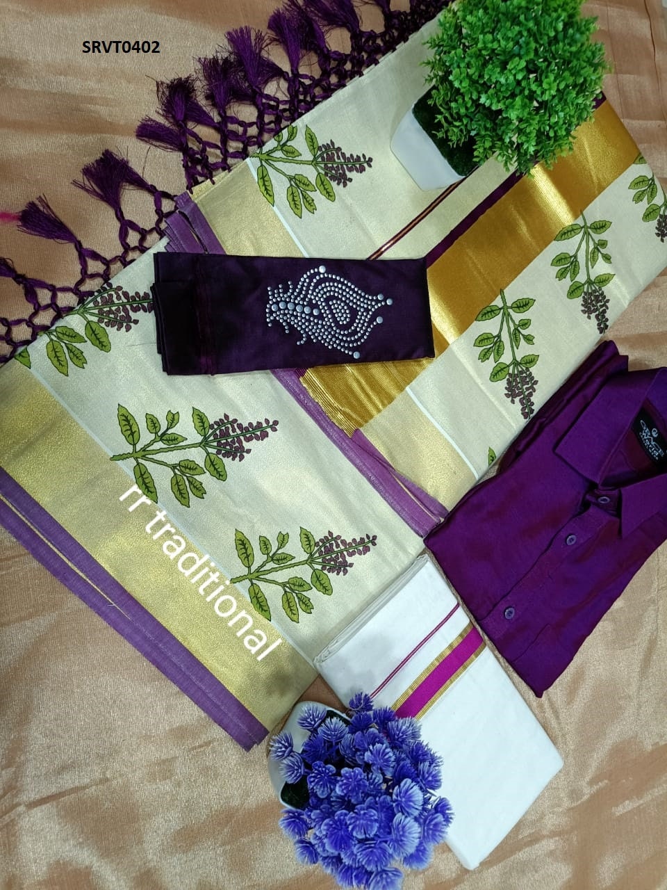 Combo Kerala Tissue Kunjalam Tulasi Printed Set Saree with Stitched/Non Stitch Blouse + Shirt & Dhoti, Kerala traditional Onam, Vishu wear