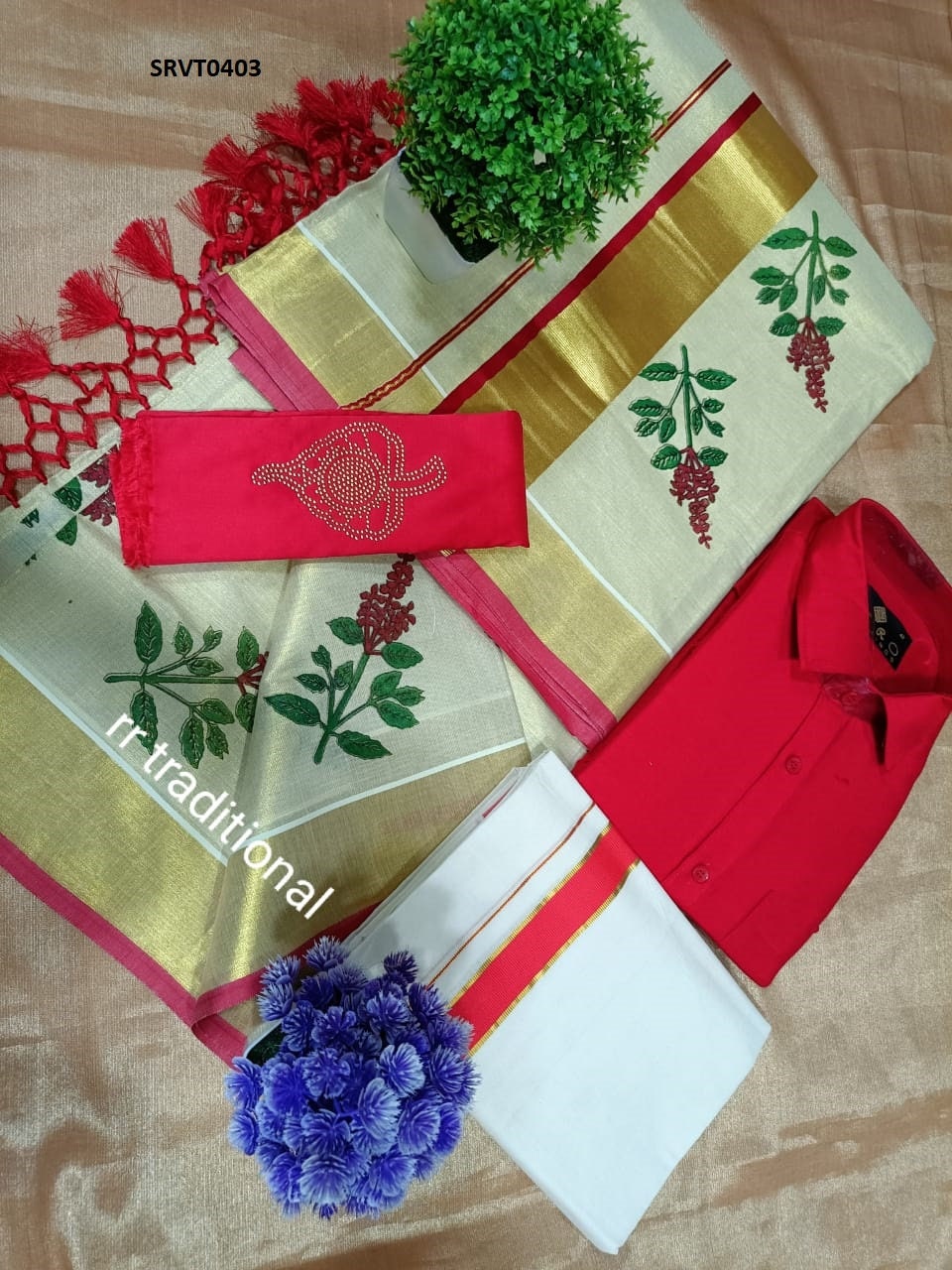 Combo Kerala Tissue Kunjalam Tulasi Printed Set Saree with Stitched/Non Stitch Blouse + Shirt & Dhoti, Kerala traditional Onam, Vishu wear