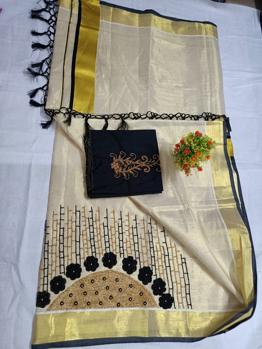 Kerala Traditional Tissue Kunjalam Big Handwork Set Saree with Stitched Blouse / Handmade Onam Vishu Special Dress, Kerala Saree