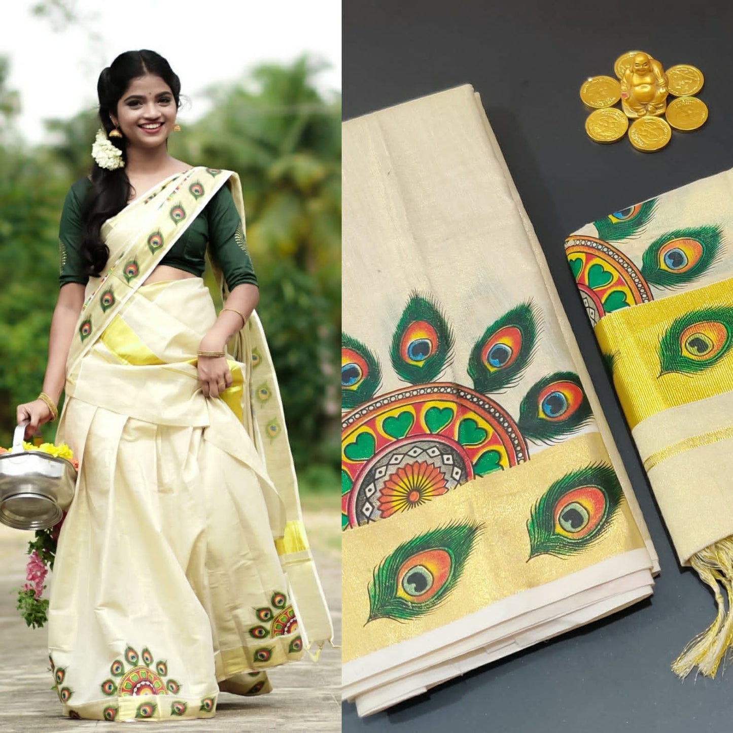 Kerala Golden Peacock Feather Printed Davani Material, Skirt and Blouse material Unstitched, Traditional Handmade designs, Dhavani Lehanka