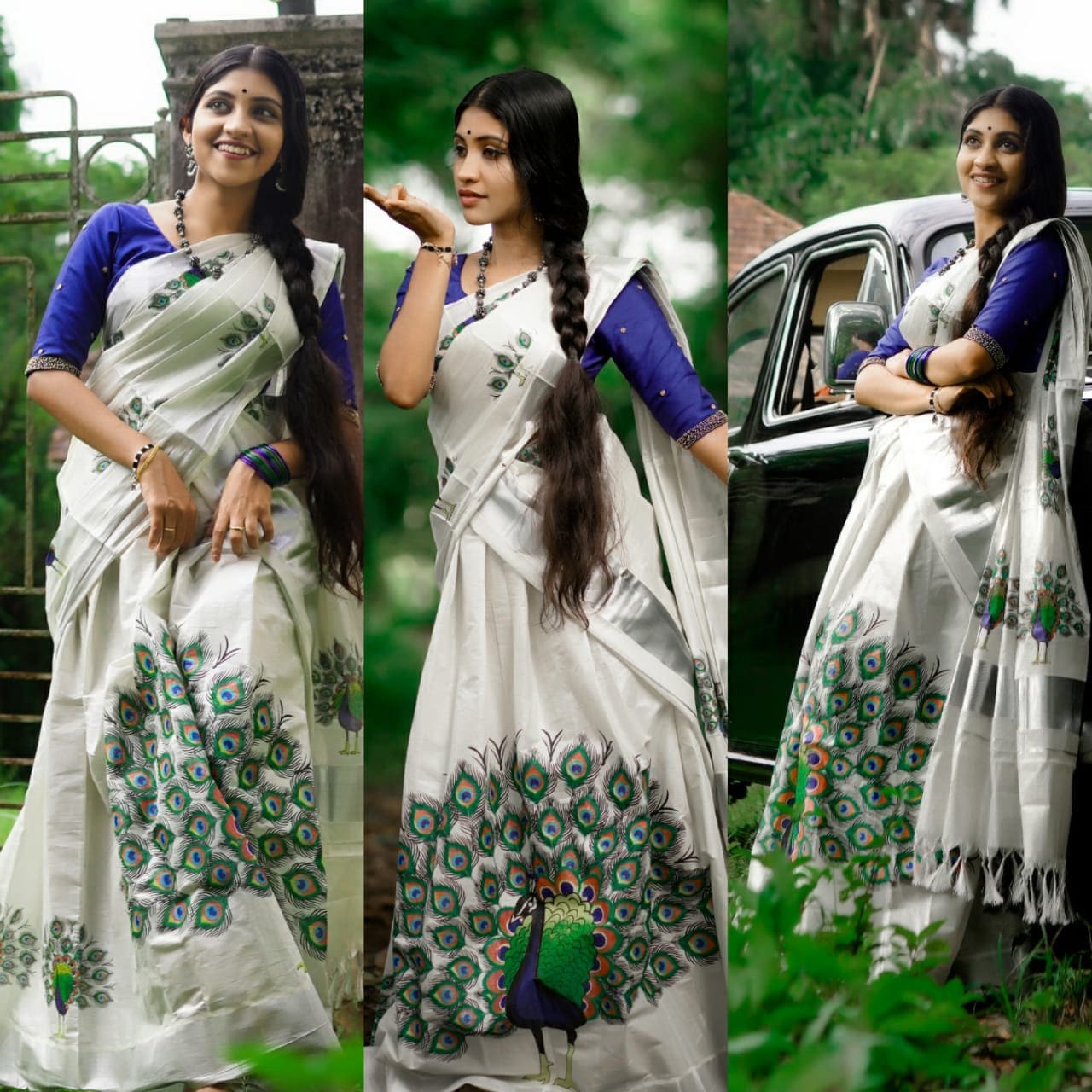 Kerala Silver Printed Davani and Pattupavada Material, Skirt & Blouse material Unstitched, Traditional Handmade designs, Onam Vishu Lehanka