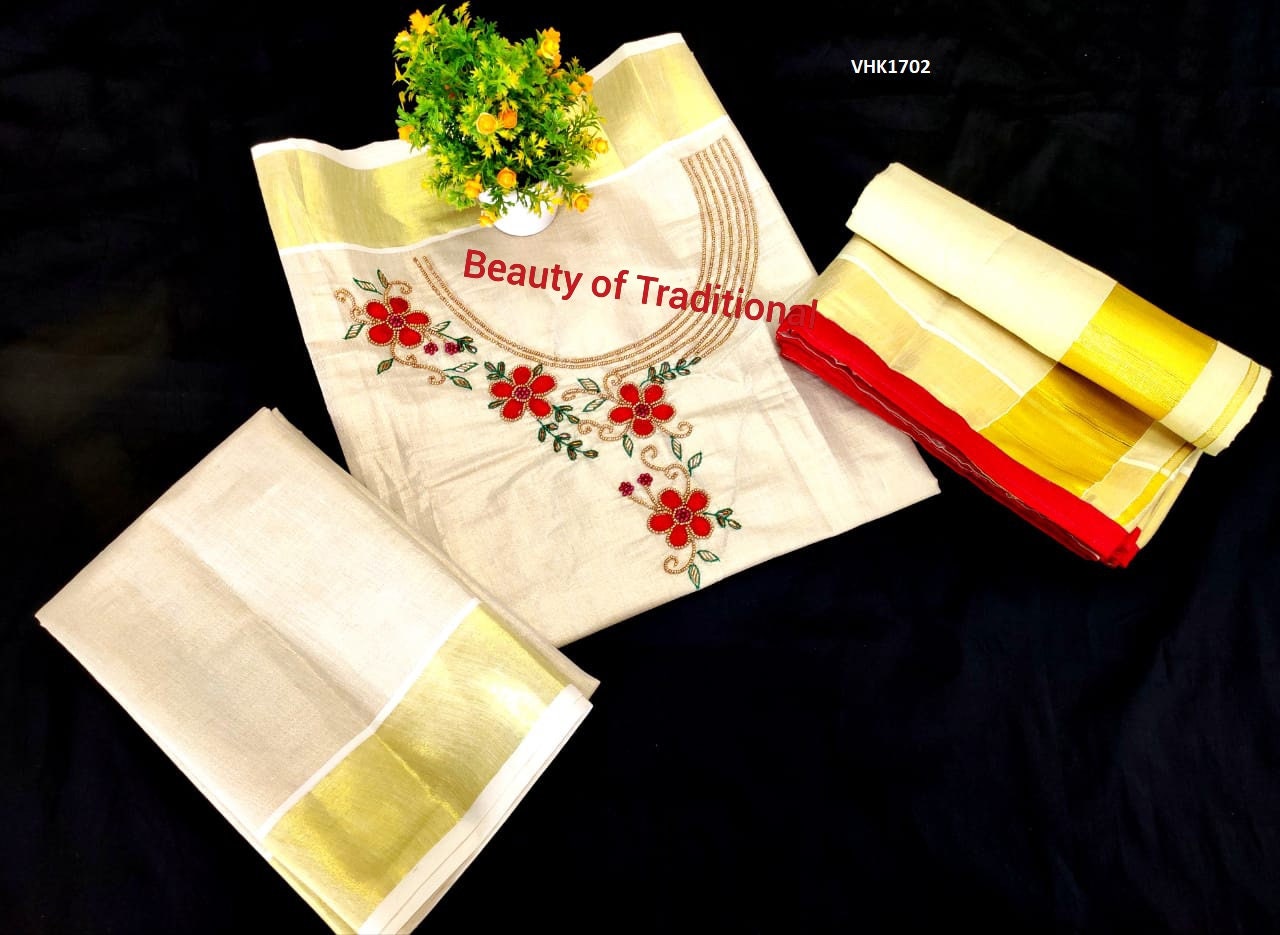 Golden Tissue Churidar / Stitched or Material / Indian Traditional Women Clothing / Onam,Vishu, Pooja, Marriage, Birthday Wear