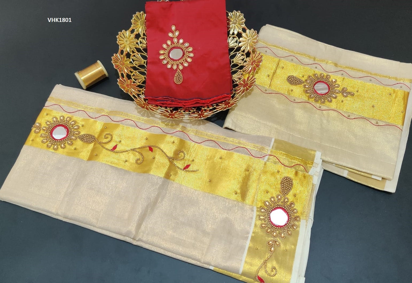 Kerala heavy beed mirror work tissue  set mundu with matching blouse / Handmade designs /  Stitched blouse/Onam,Vishu, Christmas, Birthday