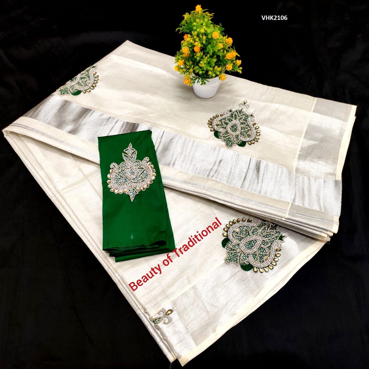 Kerala Traditional Silver Tissue Stone Work Saree with Stitched Blouse/Non Stitched Material, Handmade Designs, Onam,Vishu,Festival Wear