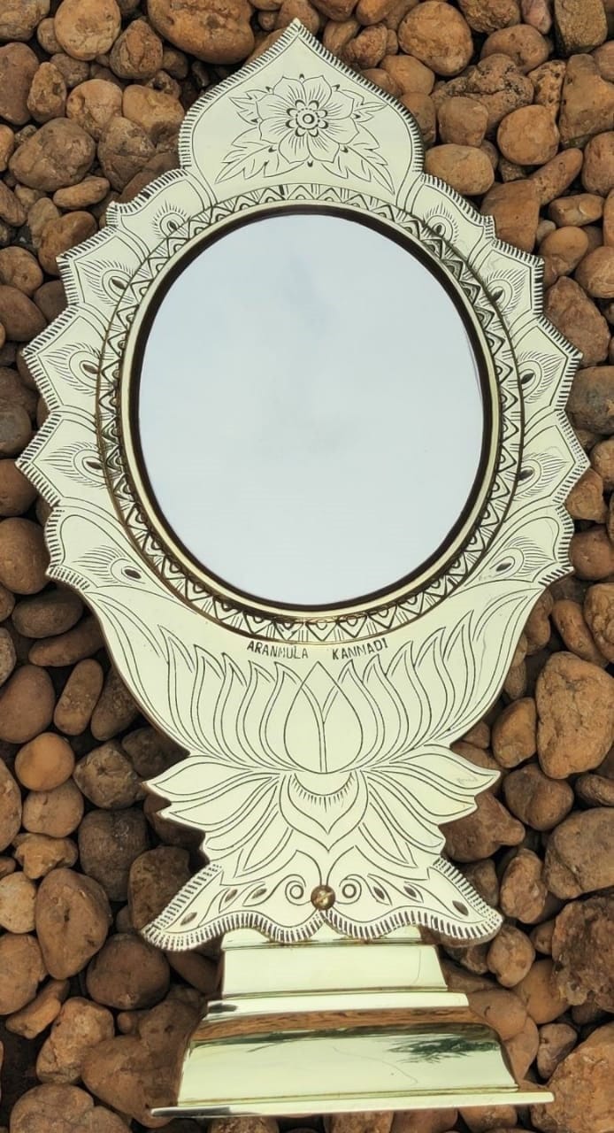 Original Aranmula metal mirror with hologram,Handmade  Aaranmula Kannadi , Stand Model Traditional Lotus punched Oval shape Surface mirror