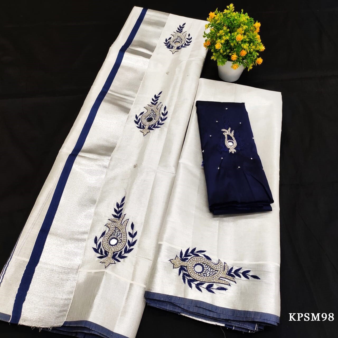 Silver Tissue Set Mundu with Stitched Blouse & Non Stitched Material / Kerala traditional women clothing/Handmade Embroidery, Vishu outfit