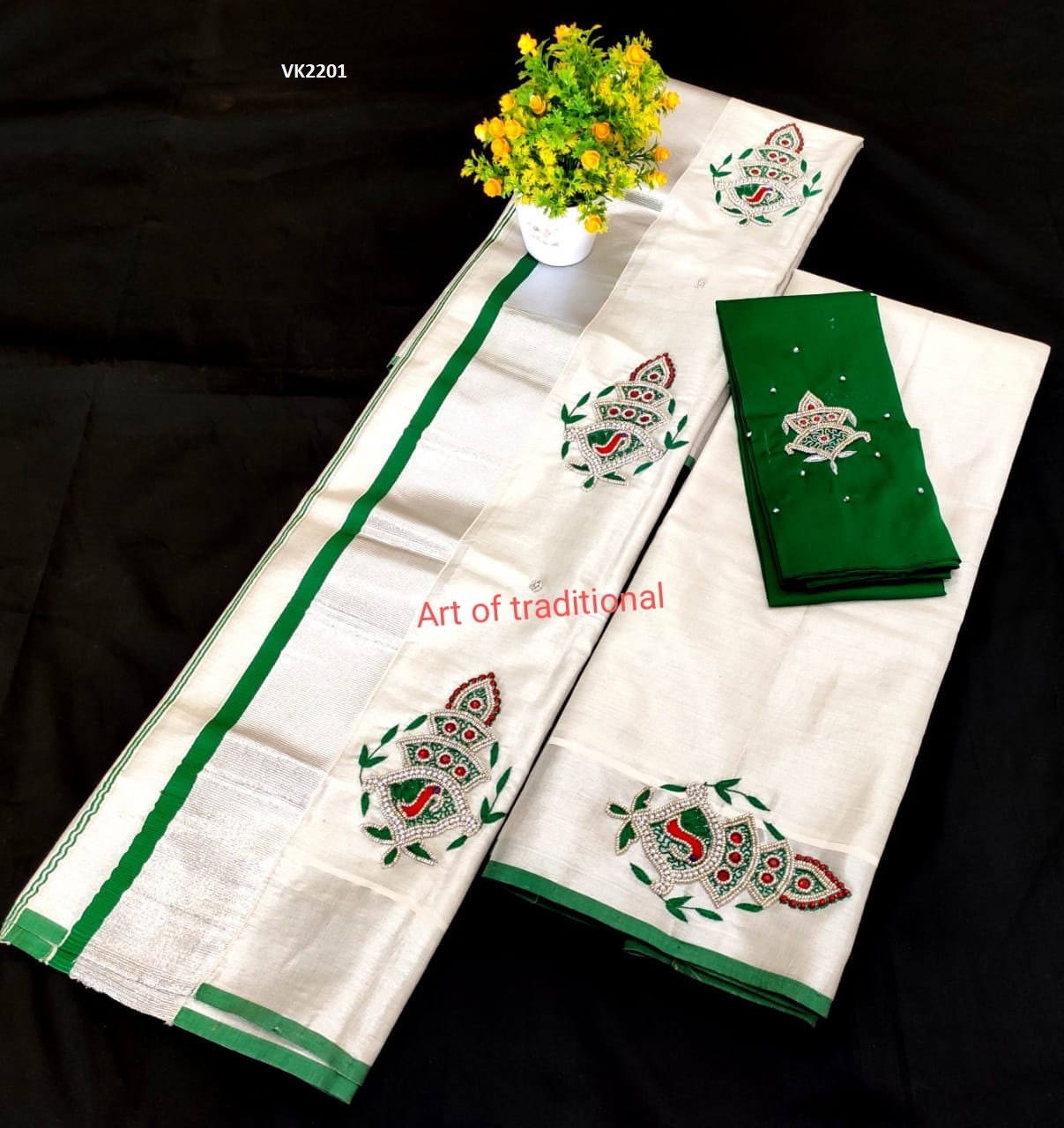 Silver Tissue Set Mundu with Blouse Material /Ready to wear Blouse/Kerala traditional women clothing/ Handmade desig/Onam/Christmas/New year