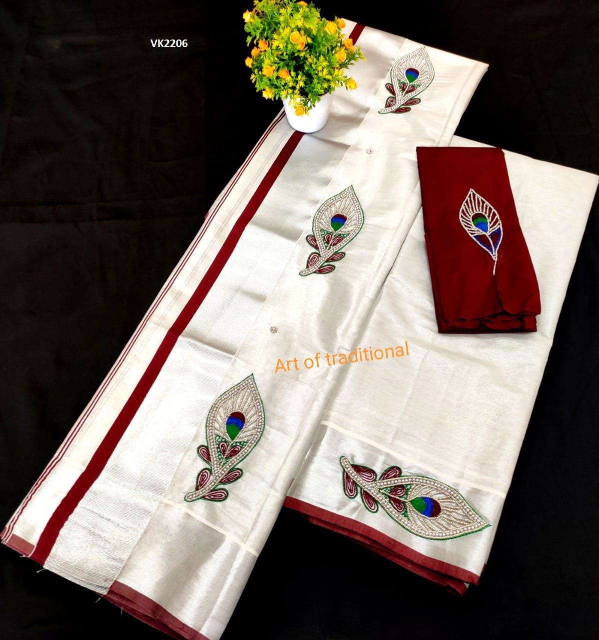 Silver Tissue Set Mundu with Blouse Material /Ready to wear Blouse/Kerala traditional women clothing/ Handmade desig/Onam/Christmas/New year