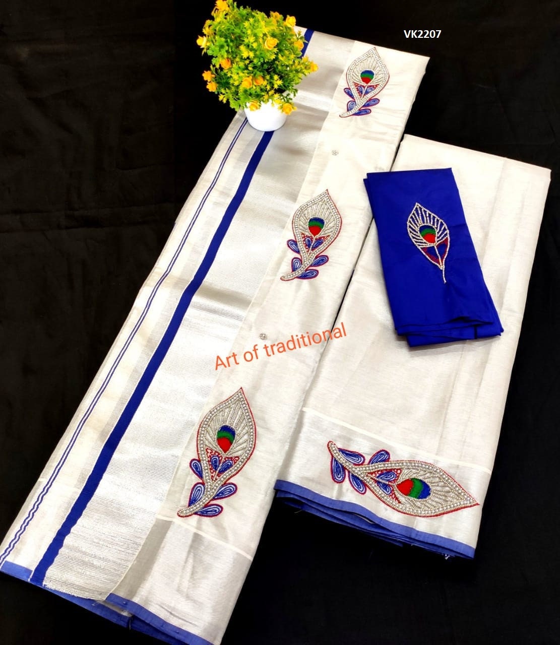 Silver Tissue Set Mundu with Blouse Material /Ready to wear Blouse/Kerala traditional women clothing/ Handmade desig/Onam/Christmas/New year