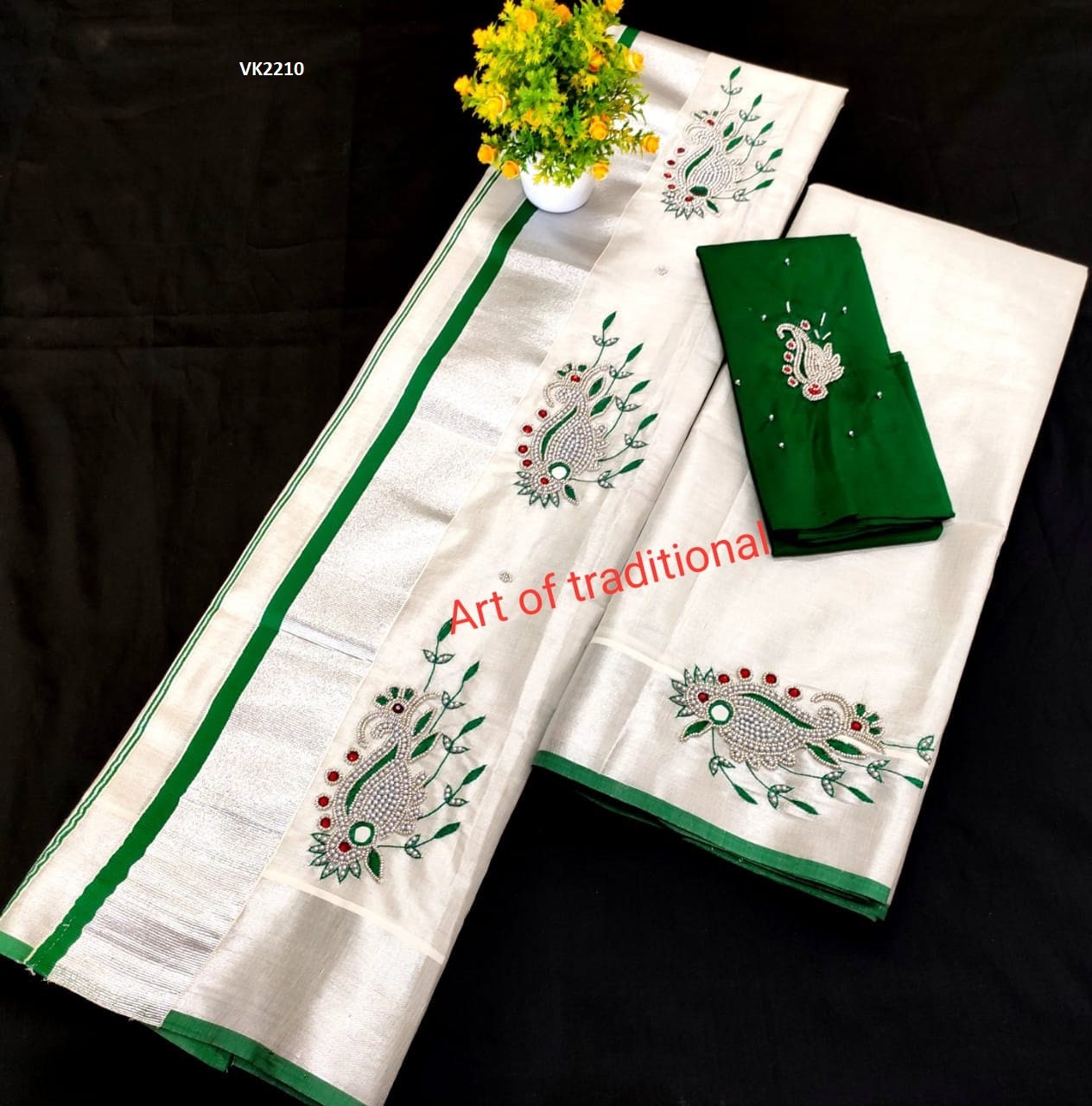 Silver Tissue Set Mundu with Blouse Material /Ready to wear Blouse/Kerala traditional women clothing/ Handmade desig/Onam/Christmas/New year