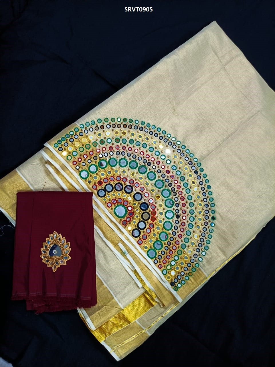 Kerala Golden tissue Mirror handwork saree, Indian traditional, Handmade designs, Traditional, Onam,Vishu Special Saree, Birthday, Festival