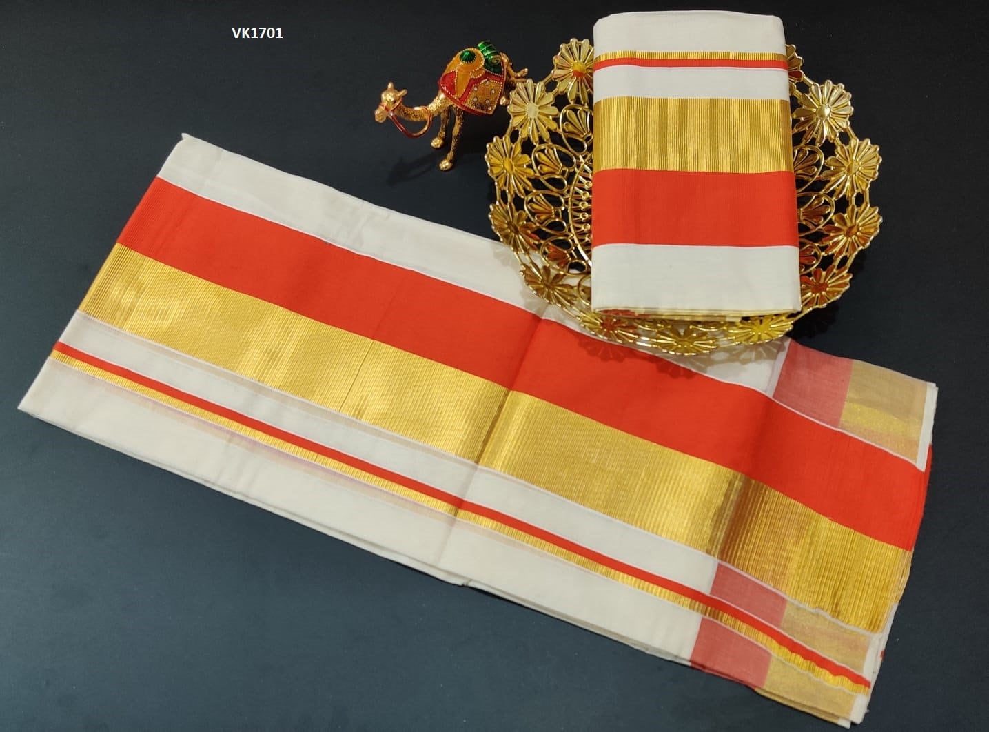 Kerala Roshni Double Border Cotton Set Mundu with Blouse Material,Indian traditional clothing,Handmade designs,Onam, Vishu Pooja ,Wedding