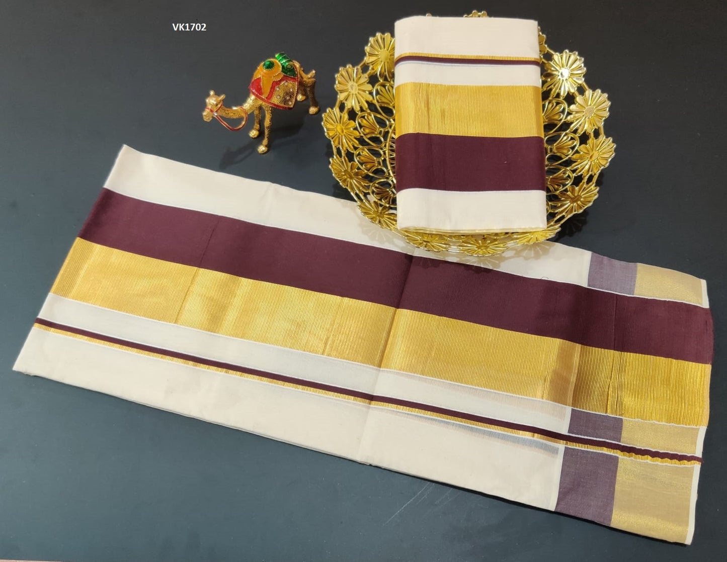 Kerala Roshni Double Border Cotton Set Mundu with Blouse Material,Indian traditional clothing,Handmade designs,Onam, Vishu Pooja ,Wedding