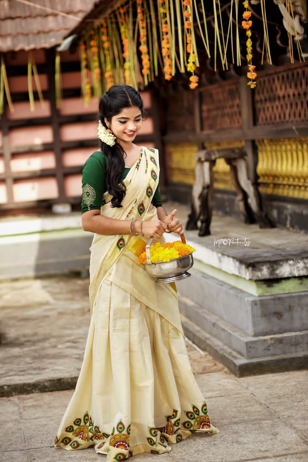 Kerala Golden Peacock Feather Printed Davani Material, Skirt and Blouse material Unstitched, Traditional Handmade designs, Dhavani Lehanka