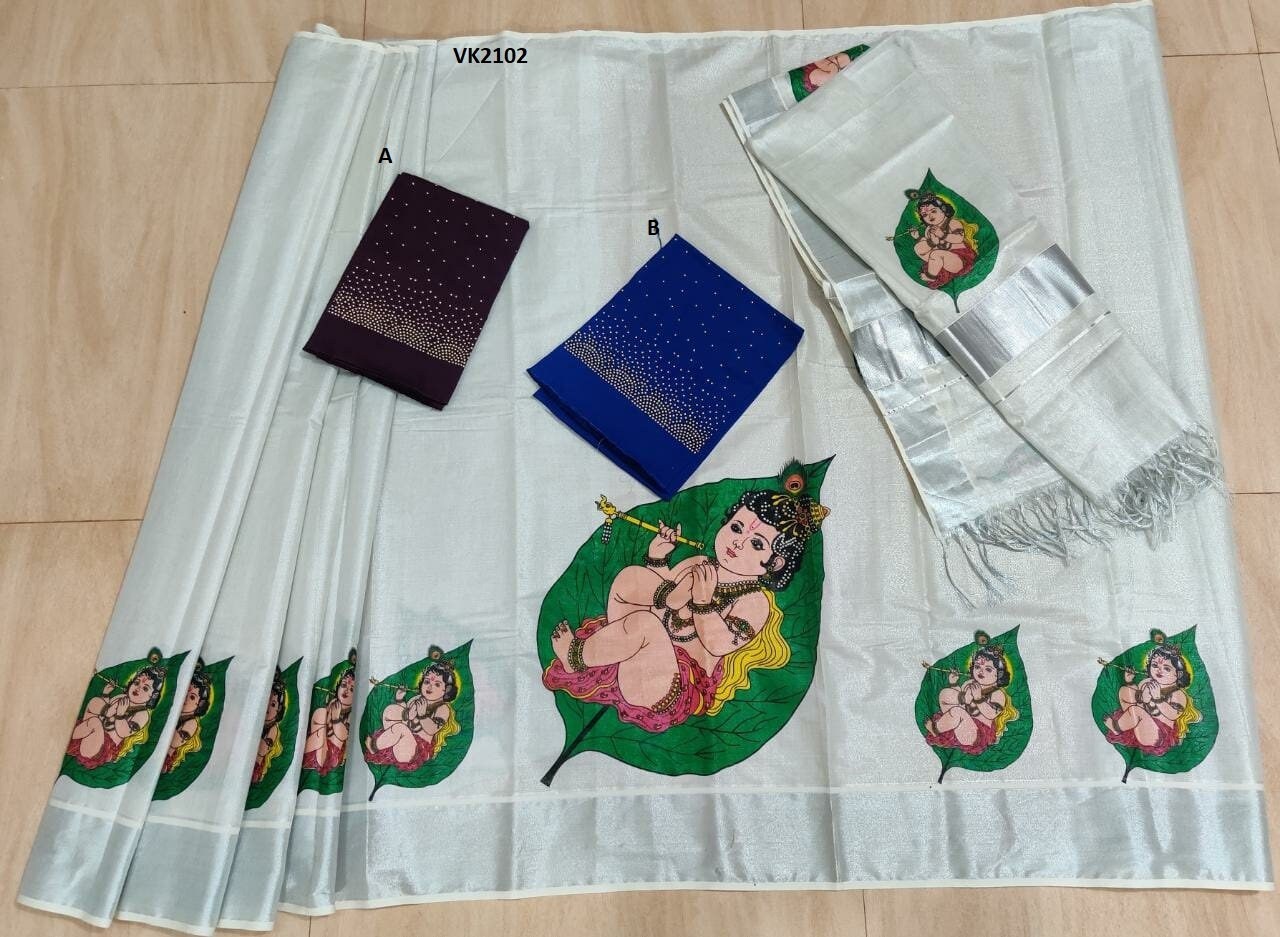 Kerala Silver Printed Davani and Pattupavada Material, Skirt & Blouse material Unstitched, Traditional Handmade designs, Onam Vishu Lehanka