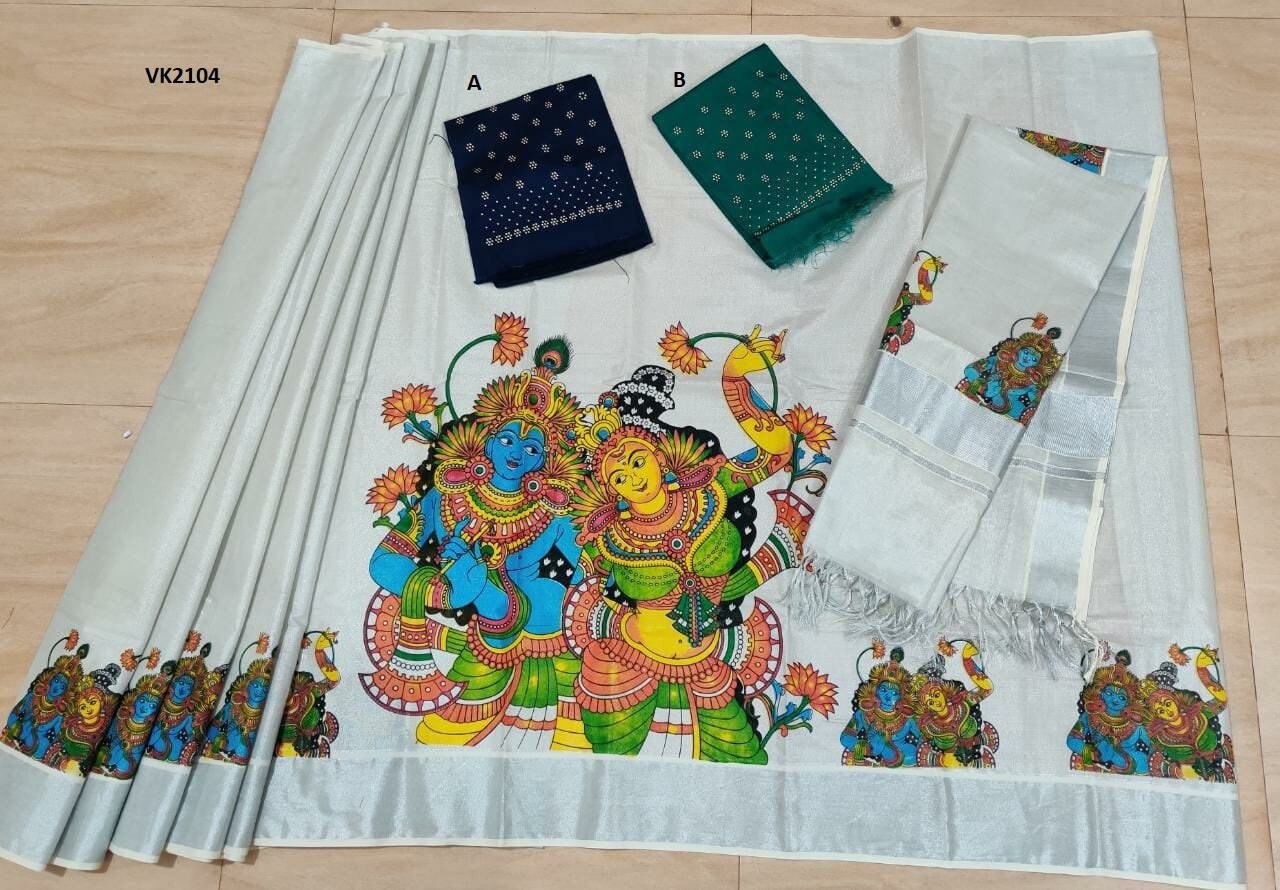 Kerala Silver Printed Davani and Pattupavada Material, Skirt & Blouse material Unstitched, Traditional Handmade designs, Onam Vishu Lehanka