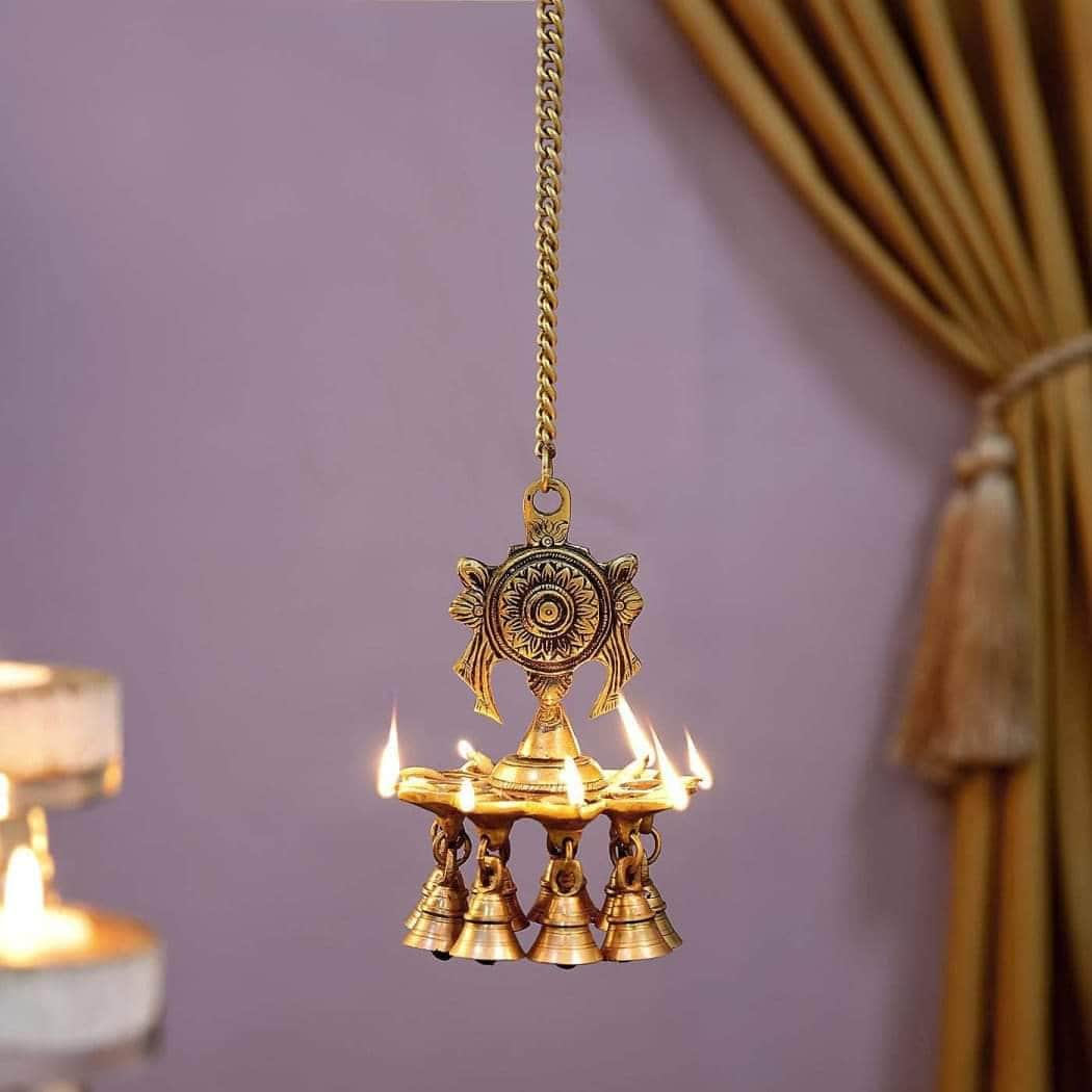 Pure brass hanging conch and chakra deepak pair with hanging bells,Hanging Lamp ,Handcrafted, Hanging diyas,Pooja,Indian Traditional