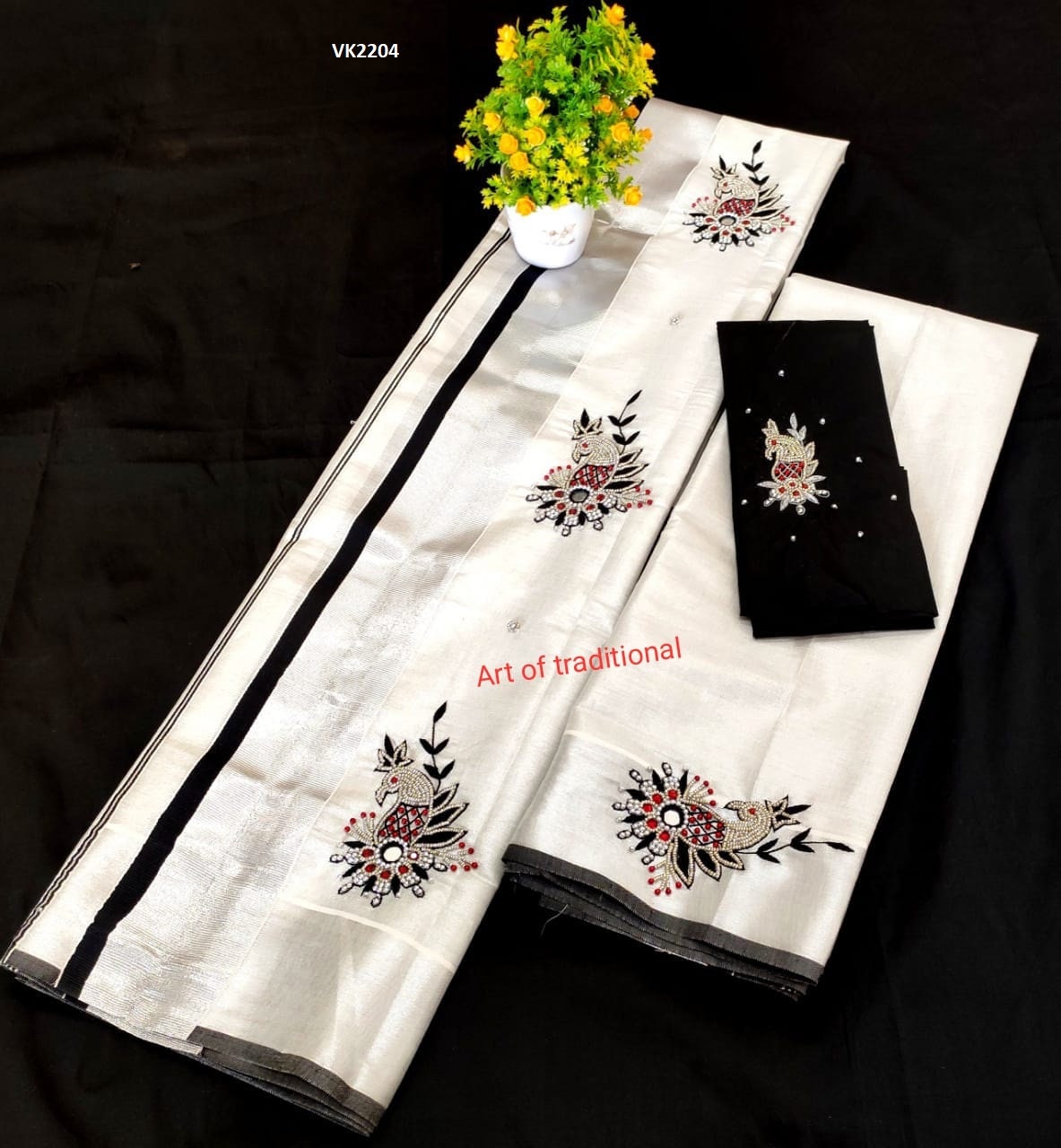 Silver Tissue Set Mundu with Blouse Material /Ready to wear Blouse/Kerala traditional women clothing/ Handmade desig/Onam/Christmas/New year