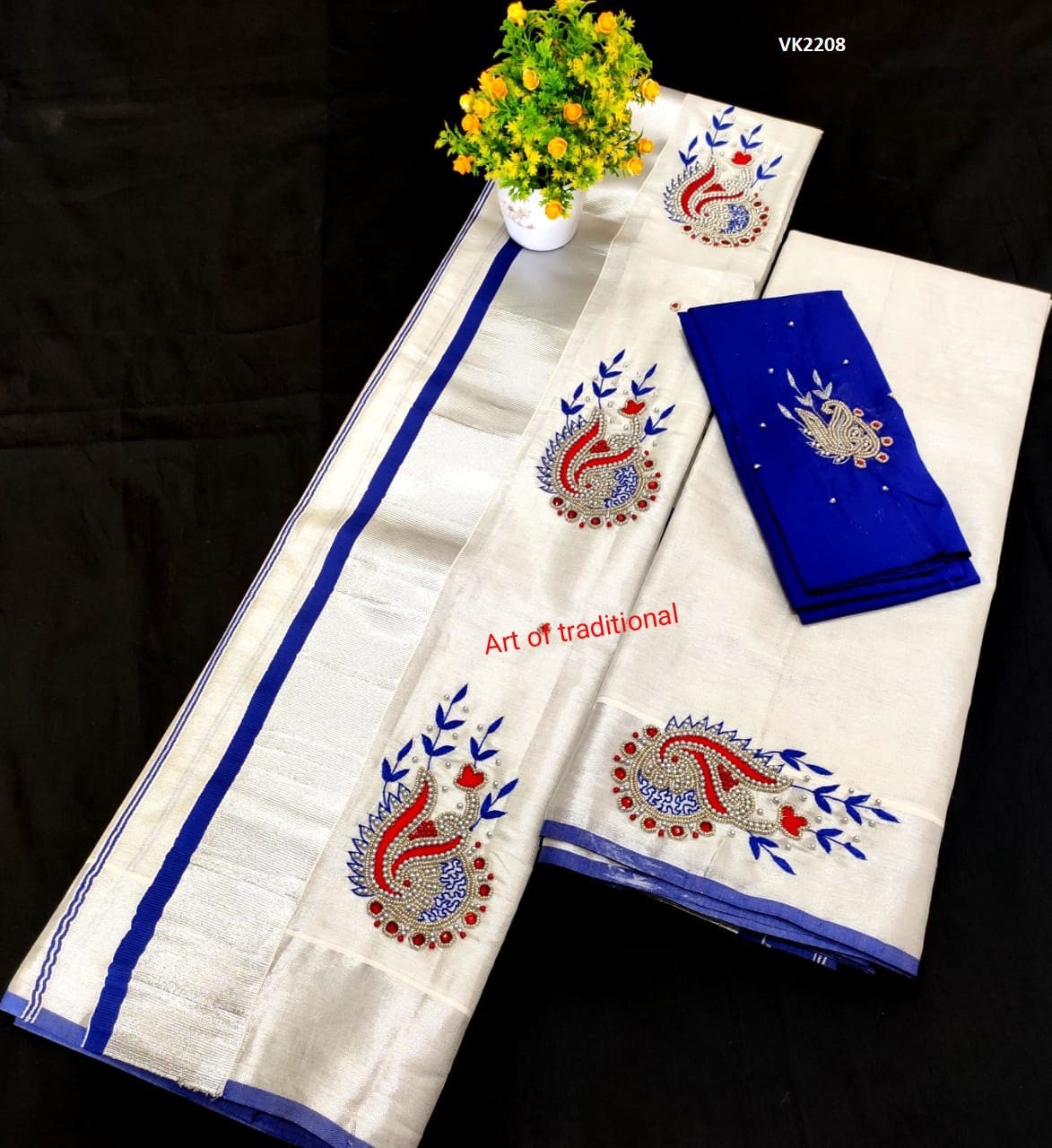 Silver Tissue Set Mundu with Blouse Material /Ready to wear Blouse/Kerala traditional women clothing/ Handmade desig/Onam/Christmas/New year