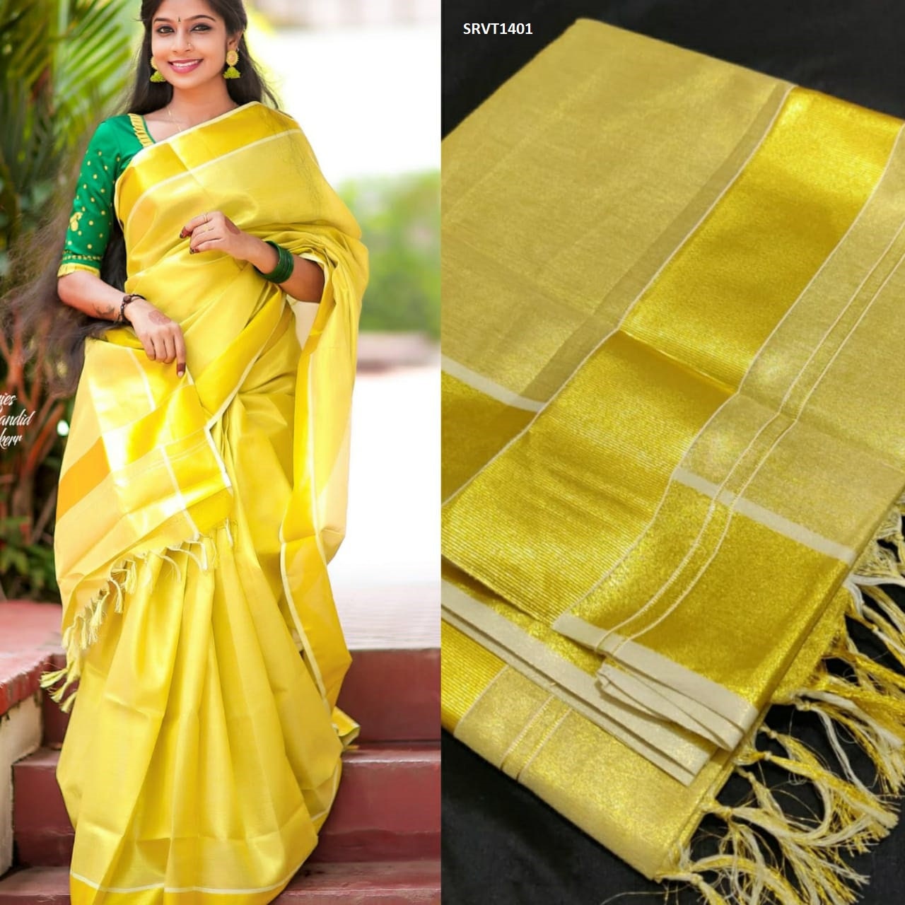 Kerala Saree Traditional Full Golden Color Bridal Tissue Saree with Blouse Material/Handmade designs/Onam Saree,Vishu,Birthday,Festival