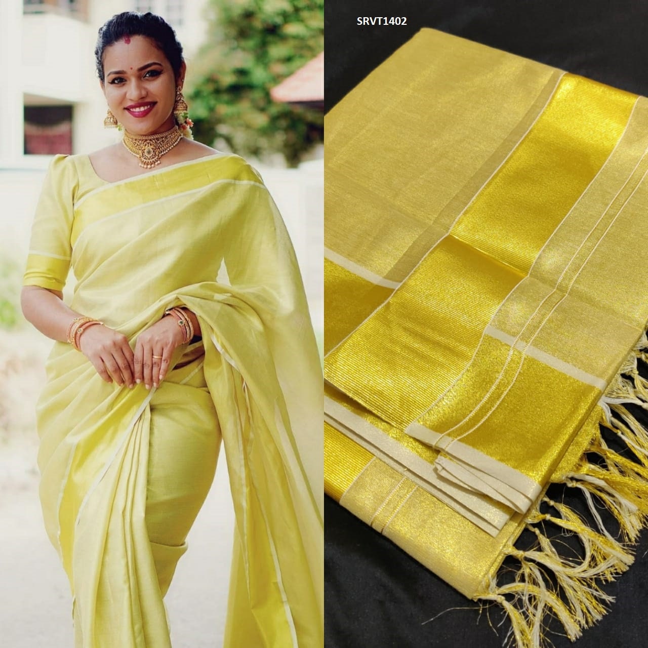 Kerala Saree Traditional Full Golden Color Bridal Tissue Saree with Blouse Material/Handmade designs/Onam Saree,Vishu,Birthday,Festival